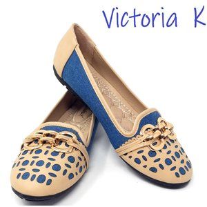 Laser Cut Denim Colorblock Flats, B-2617, Blue